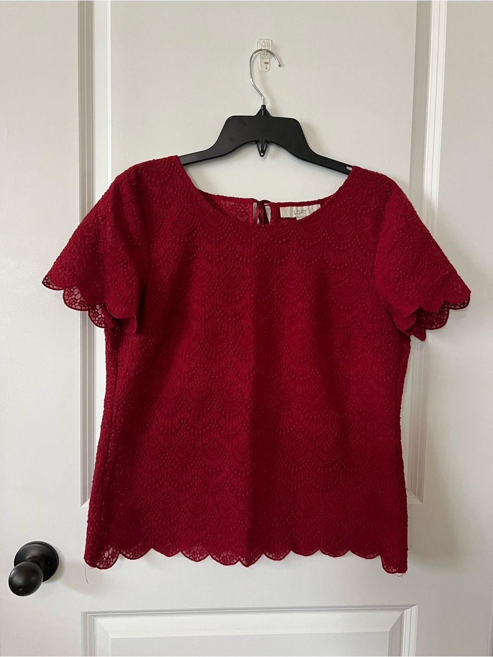 LOFT Red Scalloped Lace Short Sleeve Top